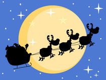 Silhouette Of Santa And A Reindeers Flying In Moon 