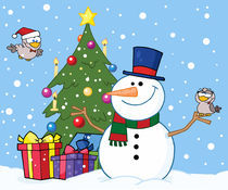 Friendly Snowman With A Cute Birds And Christmas Tree 