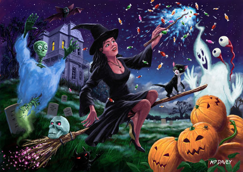 Happy-halloween-witch-with-graveyard-friends-flat