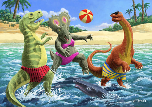 Dinosaur-fun-playing-volleyball-on-a-beach-vacation