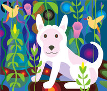 White Dog in Garden Jungle by Charles Harker