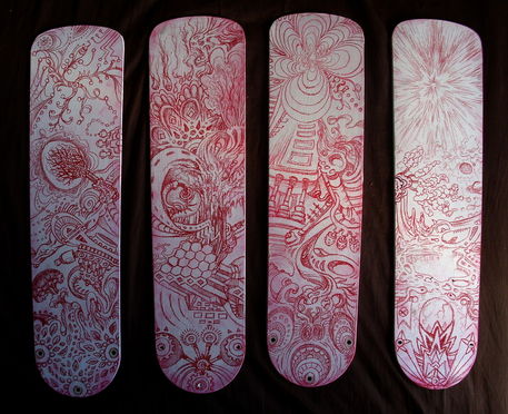 Acidoodling-mini-panels-color-pencil-on-found-fan-blades-nov-2012-john-lanthier