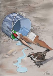 Sparrow and colored bucket von Reza Davatgar