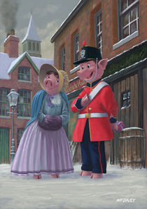 romantic victorian pigs in snowy street by Martin  Davey