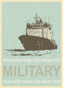 Military ship poster  in retro style. Mid century art with grunge texture. Children art. von yaviki