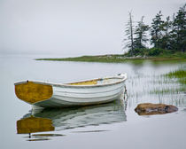 White Maine Boat on a Foggy Morning by Randall Nyhof