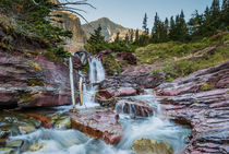 Baring Creek falls, red rocks, Glacier NP, Montana by Tom Dempsey