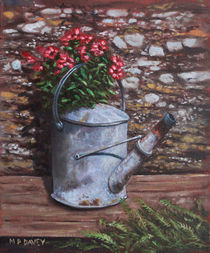 Old watering can with flowers by stone wall by Martin  Davey