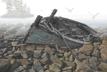 Bot-beached-boat-rocky-shore