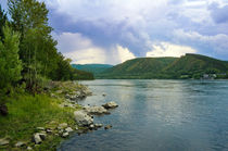 Summer storm in the mountains on the banks of the river by larisa-koshkina