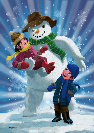Children-and-snowman-playing-together