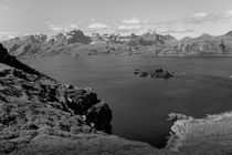 Hilly coastal landscape, Lofoten islands, Norway, b/w by travelfoto