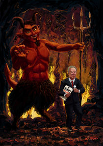 Tony Blair in Hell with Devil and holding Weapons of Mass Destruction document by Martin  Davey