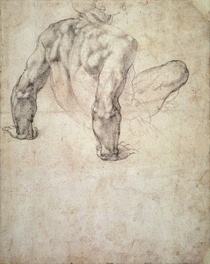 W.63r Study of a male nude, leaning back on his hands by Buonarroti Michelangelo