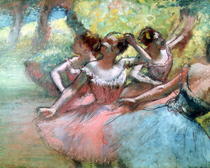 Vier Tänzerinnen auf der Bühne von Edgar Degas