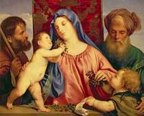 Madonna of the Cherries with Joseph, St. Zacharias and John the  by Tiziano Vecellio