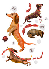 Sausage Dogs chasing Sausages by Laima Kin