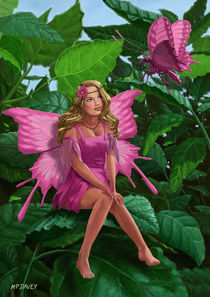 Pink pretty Fairy on leaf with pink Butterfly by Martin  Davey