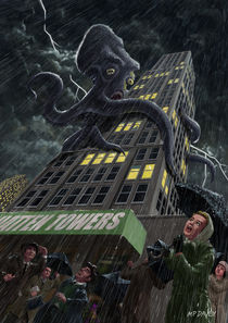 Monster Octopus attacking building in storm by Martin  Davey