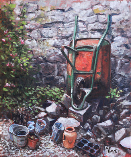 Painting-still-life-wheelbarrow-with-collection-of-pots-by-stone-wall