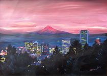 Portland Oregon with Red Mt Hood at Sunset by M.  Bleichner