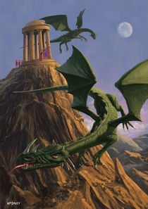 Dragons flying around a temple on mountain top  by Martin  Davey