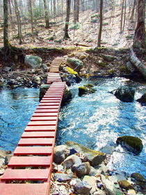Red wooden bridge over a stream in the woods. von dreamcatcher-media