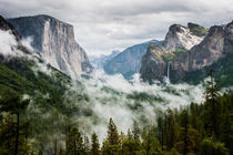 Yosemite Valley with Half Dome on the left with waterfall and fog in Yosemite National Park. by Johannes Elze