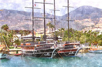 2 master boat in the Harbour (water color picture) von Helmut Schneller