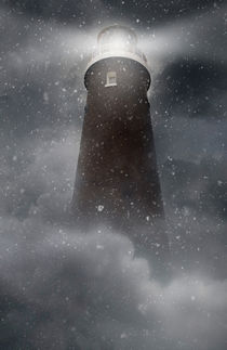 An old lighhouse with clouds and snow falling. by Jarek Blaminsky