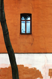One blue window in the red-brown wall by helenlir