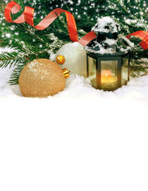 Christmas card with golden balls and a flashlight by larisa-koshkina