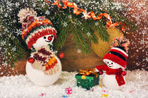 Christmas background with Snowman and gifts  by larisa-koshkina