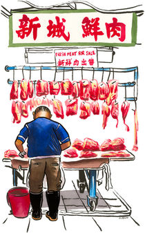 Butcher in Sheung Shui street market, Hong Kong. von Michael Sloan