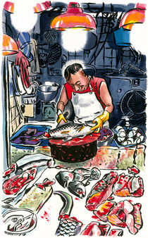 Fishmonger in wet market, Tai Po market, Hong Kong, Hong Kong. by Michael Sloan