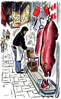 Butcher at Tai Po market, Hong Kong.  von Michael Sloan