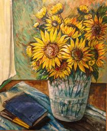 Sunflowers and books by Myungja Anna Koh