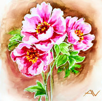 Painted watercolor card with peony flowers by valenty