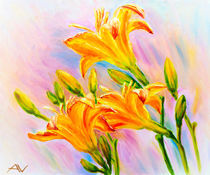Yellow lily flowers and buds. Oil painting. by valenty