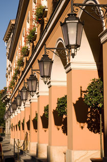 Row of lamps on columns of building by Arletta Cwalina