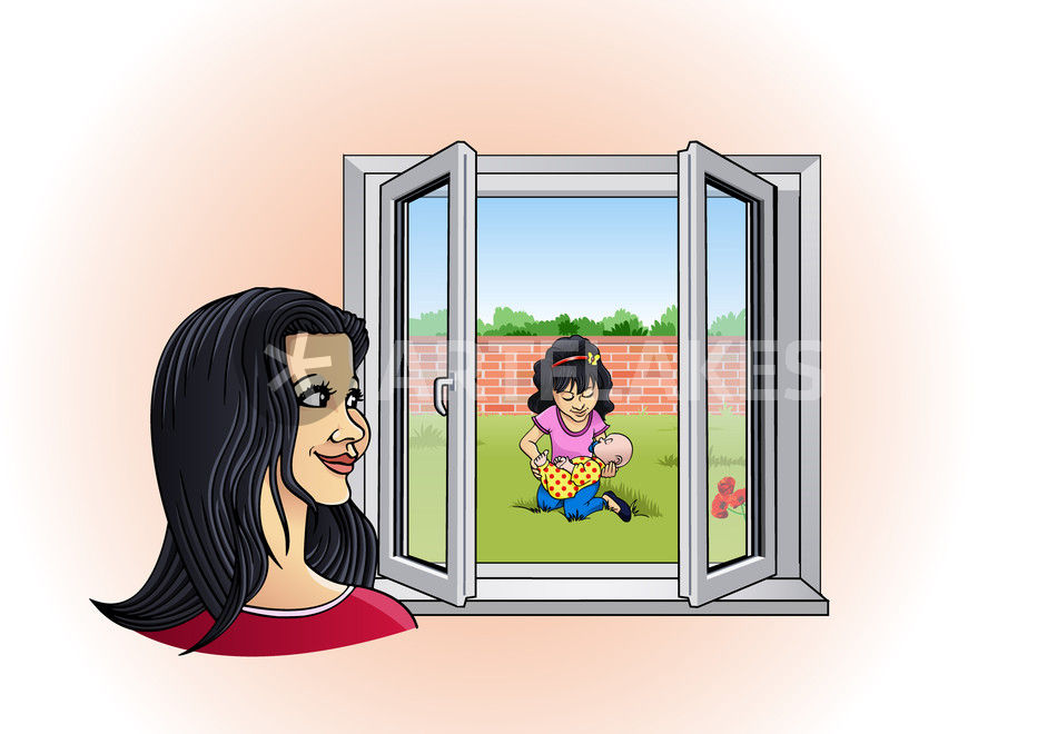 Mom Watching Her Daughter Playing In The Garden Graphicillustration