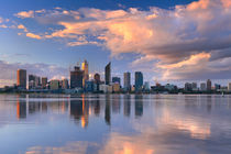 Skyline of Perth, Australia across the Swan River at sunset by Sara Winter