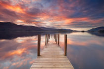 Flooded jetty in Derwent Water, Lake District, England at sunset by Sara Winter
