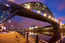 Bridges over the river Tyne in Newcastle, England at night by Sara Winter