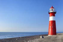 Red and white lighthouse and a clear blue sky by Sara Winter