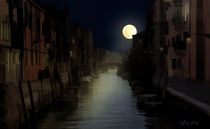 At night on the canal between houses by Wolfgang Pfensig
