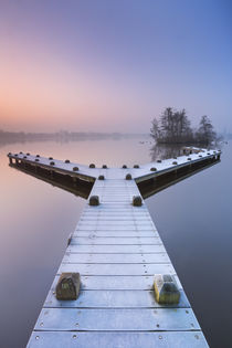 Jetty on a still lake on a foggy winter's morning by Sara Winter