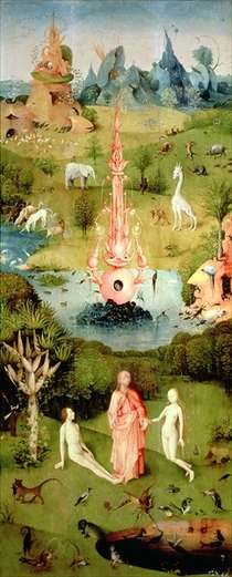 The Garden of Earthly Delights: The Garden of Eden, left wing of von Hieronymus Bosch