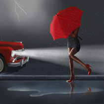 Rainy Day, die Frau unter rotem Regenschirm von Monika Juengling