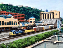 Pittsburgh PA - Freight Train Going By Station Square by Susan Savad